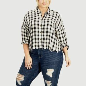 LOVEFIRE Plus Size Raw Hem Plaid Button-Down Top, Choose Sz/Color